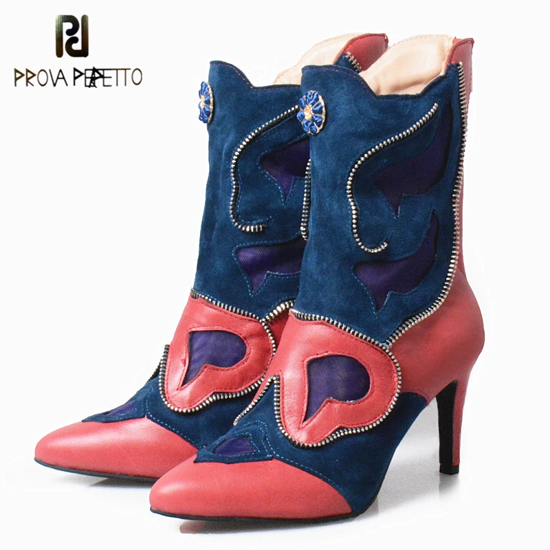 

Prova Perfetto Euramerican Mixed Color Patchwork Pointed Toe Thin High Heel Boots Elegant Zipper-side Genuine Leather Boots