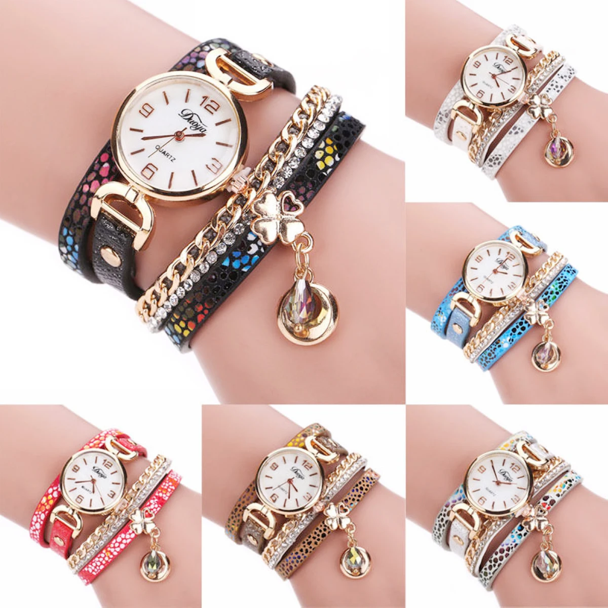 Women's Crystal Rhinestone Leopard Leather Chain Wrap Bracelet Wrist Watch