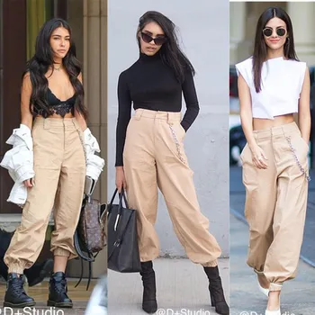 

Spring/autumn Women Fashion Pants High Waist Cotton Trousers with Stretch Cuffs Casual Harem Pants Street Cargo Pants