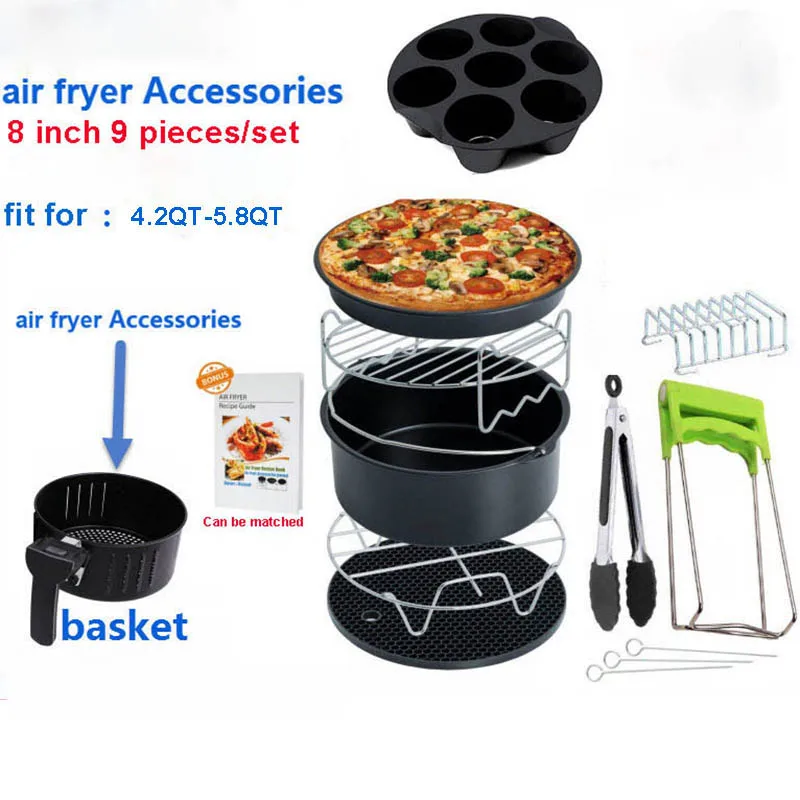 

Hot! New Air Fryer Accessories Set of 9 pcs, Fit Standard Air Fryer 4.2QT-5.8QT, XL 8 Inch