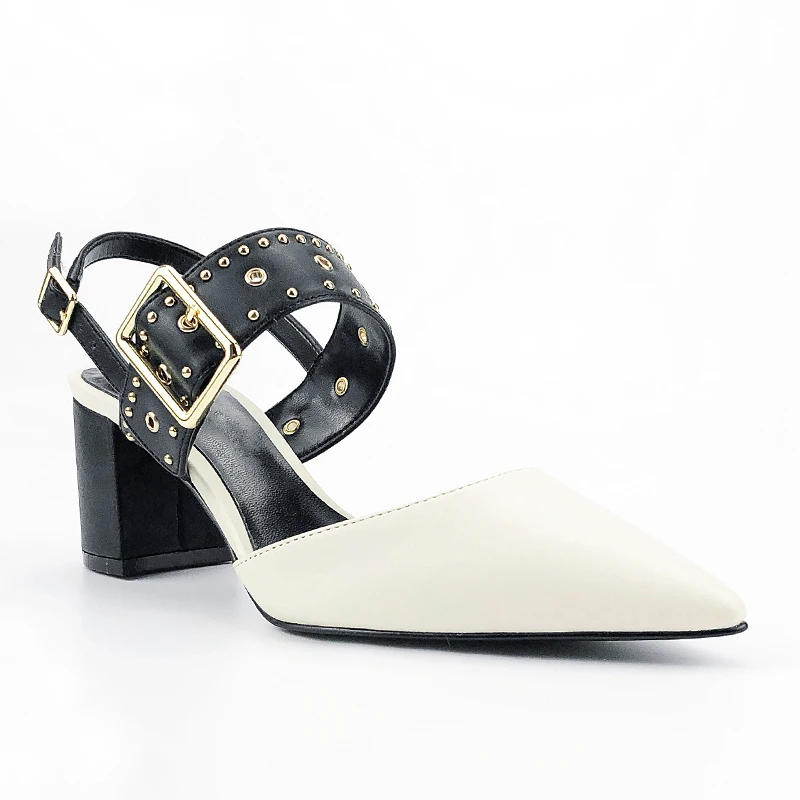 

White Sandals Fashion Women Shoes Office Lady Square 6cm Middle Heels Buckle Strap Comfortable Female Pumps