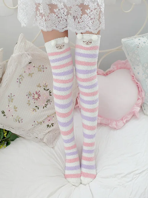 Japanescht Mori Meedchen Déiermodell Knéi Gestreift Séiss Kompressioun Hierscht Wanter Waarm Socken Kawaii Gemittlech Laang Oberschenkel Héich_voghion.com