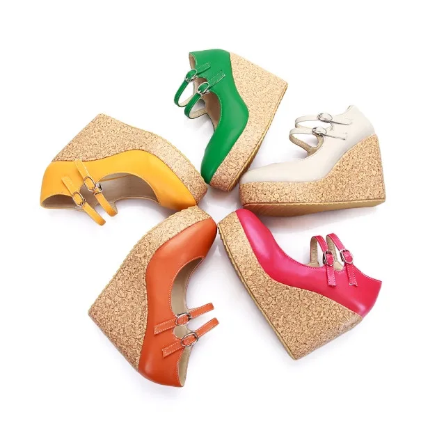 S. Romance/женские туфли-лодочки размера плюс 31-43 Модные пикантные женские туфли на высоком каблуке с круглым носком и пряжкой цвета: зеленый, красный, желтый, оранжевый, бежевый, SH390