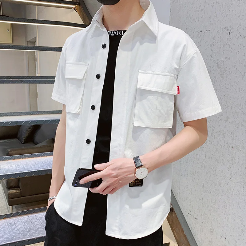 

Summer Men Shirt Solid Color Men Short Sleeve Shirt Double Pocket M-4XL Men Shirt Short Sleeve