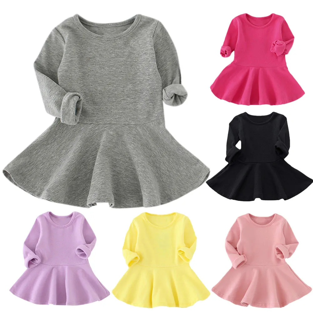 Vestido infantil/платье для маленьких девочек; 7 ярких цветов; однотонное Повседневное платье принцессы с длинными рукавами для малышей; одежда для маленьких девочек