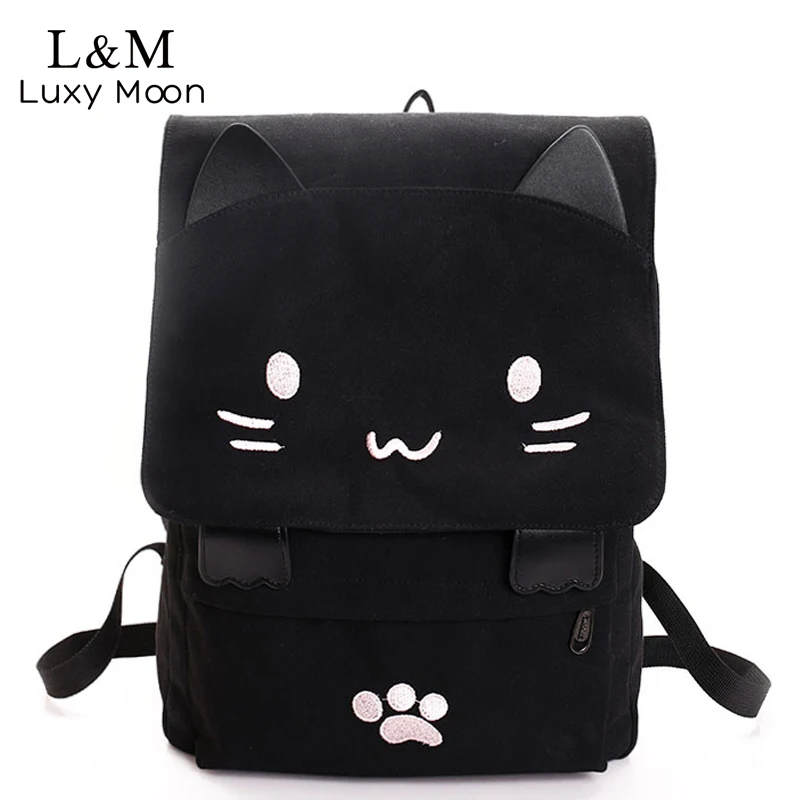 Lindo gato mochila de lona de dibujos animados bordado mochilas para las chicas de moda de impresión Negro Mochila mochilas XA69H