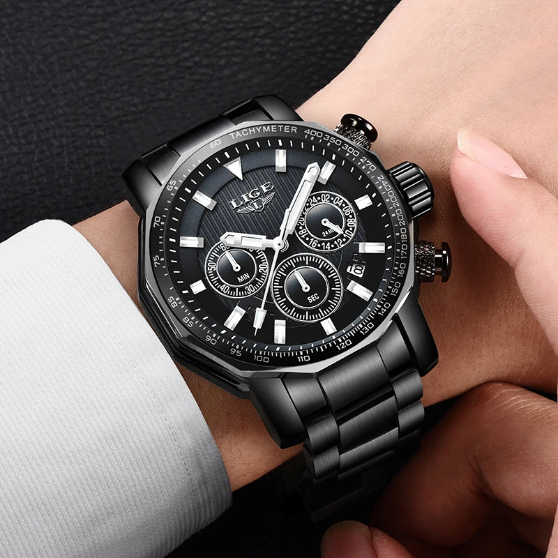 LIGE Men Watches Fashion Chronograph Luxury Waterproof Business Watch Men Full Steel Sports Quartz Clock Male Relogio Masculino