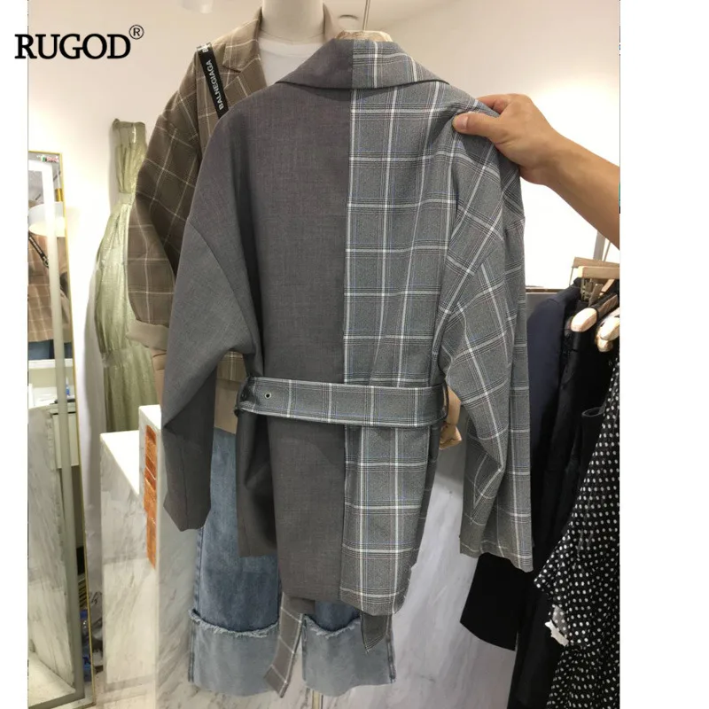 RUGOD 2019 элегантный клетчатый блейзер с поясом корейская мода пэчворк офисный