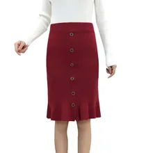 Сексуальная высокая талия Женская трикотажная юбка рыбий хвост длиной до колена юбка с оборками и пуговицами сплошной цвет