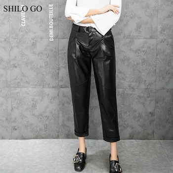 

SHILO GO Leather Pants Womens Spring Fashion sheepskin genuine leather Pants metal high waist office OL concise pencil pants