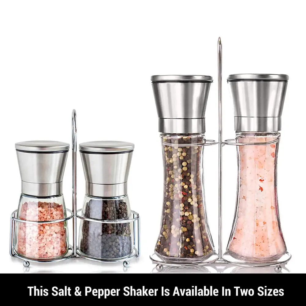 

TPUSNOK Premium Salt and Pepper Grinder Set With Stand Adjustable Spice Grinder Glass Salt and Pepper Mill Shaker TPA16