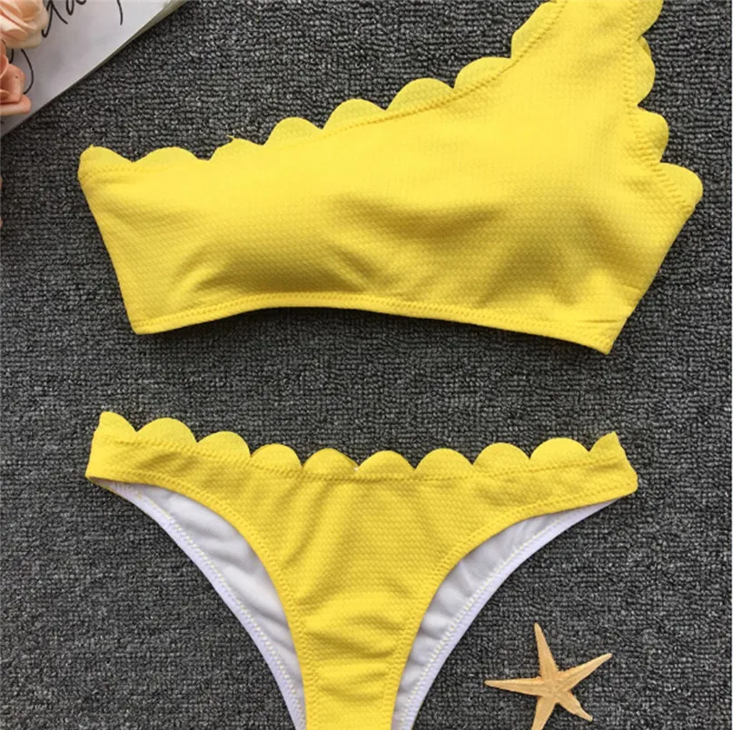 Sexy Bikinis Set Women Solid Color One Shoulder Wavy Bikini Set Swimwear Beach Swimsuit for Vacation #2d06 (11)
