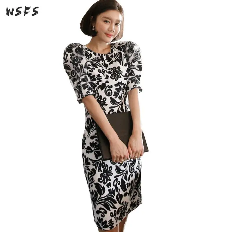 

Summer Dresses Black Floral Short Puff Sleeve Dress Womens Slim Elegant Bodycon Sexy Party Office Ladies Midi Pencil Wrap Dress