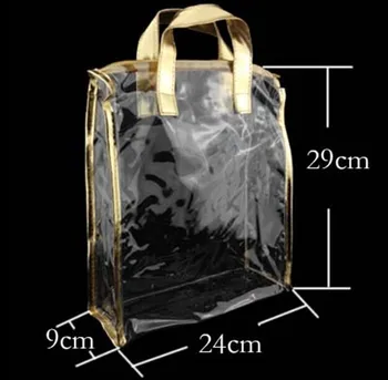 

wholesale size:29*24*9cm Golden and silver clear packing pvc bag gift bag clear cosmetic bag, Free shipping 100piece\lot
