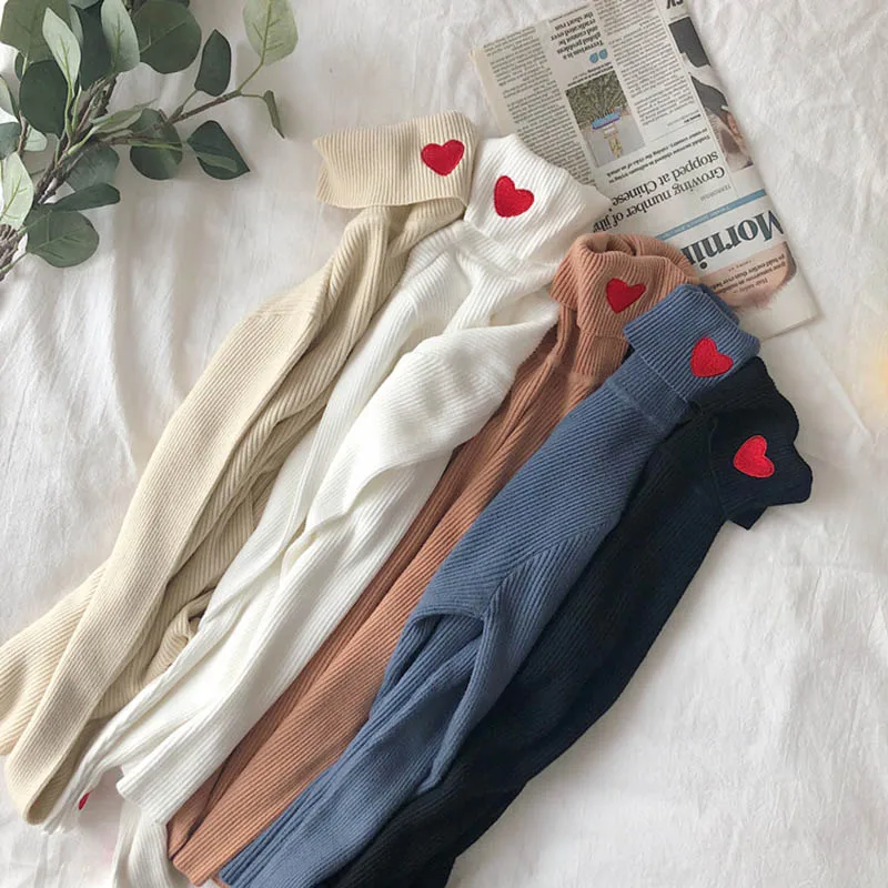 OLN 2019 New Style Autumn Winter Fashionable Self-cultivation Bottoming Shirt Love Embroidery High Collar Women's Pullover 6253 OLN 2019 New Style Autumn Winter Fashionable Self-cultivation Bottoming Shirt Love Embroidery High Collar Women's Pullover 6253