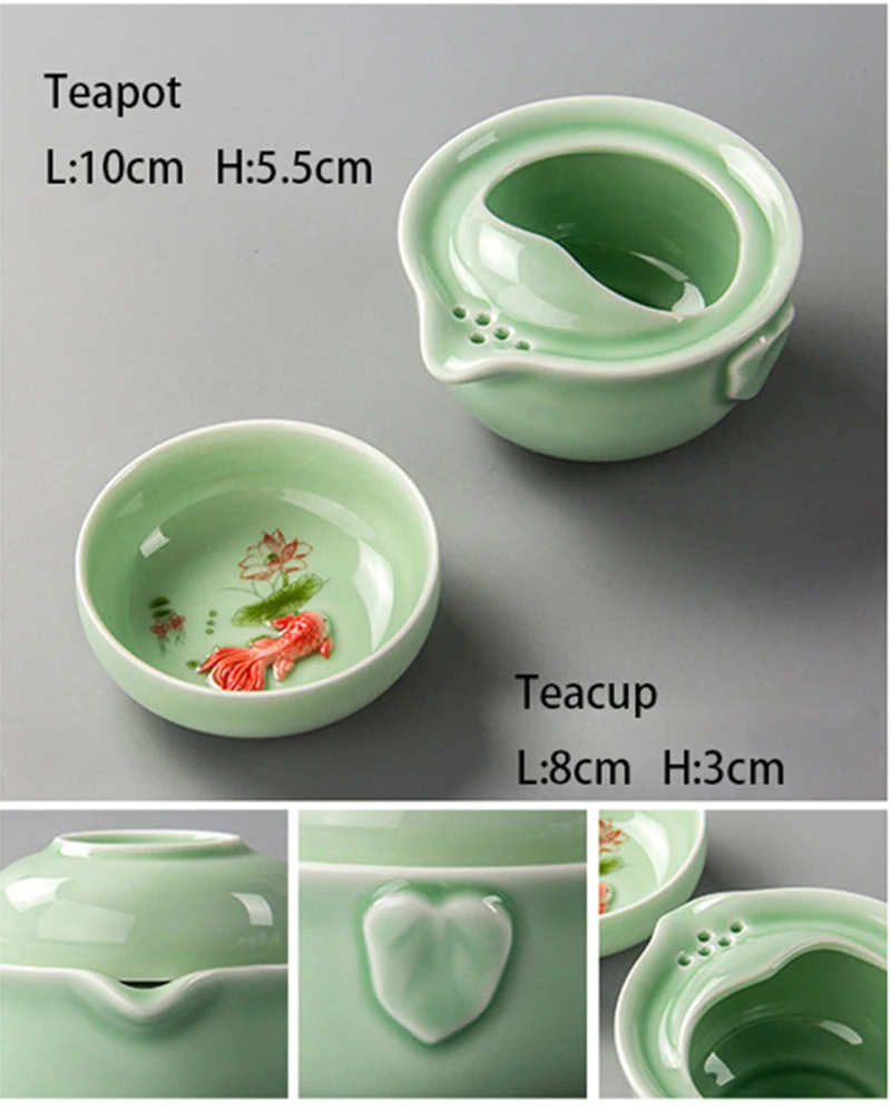 Высококачественный чайный сервиз Celadon 3D Carp gaiwan, зеленый элегантный чайный набор кунг-фу, включает 1 чайный горшок 1 чайную чашку, красивый легкий чайник