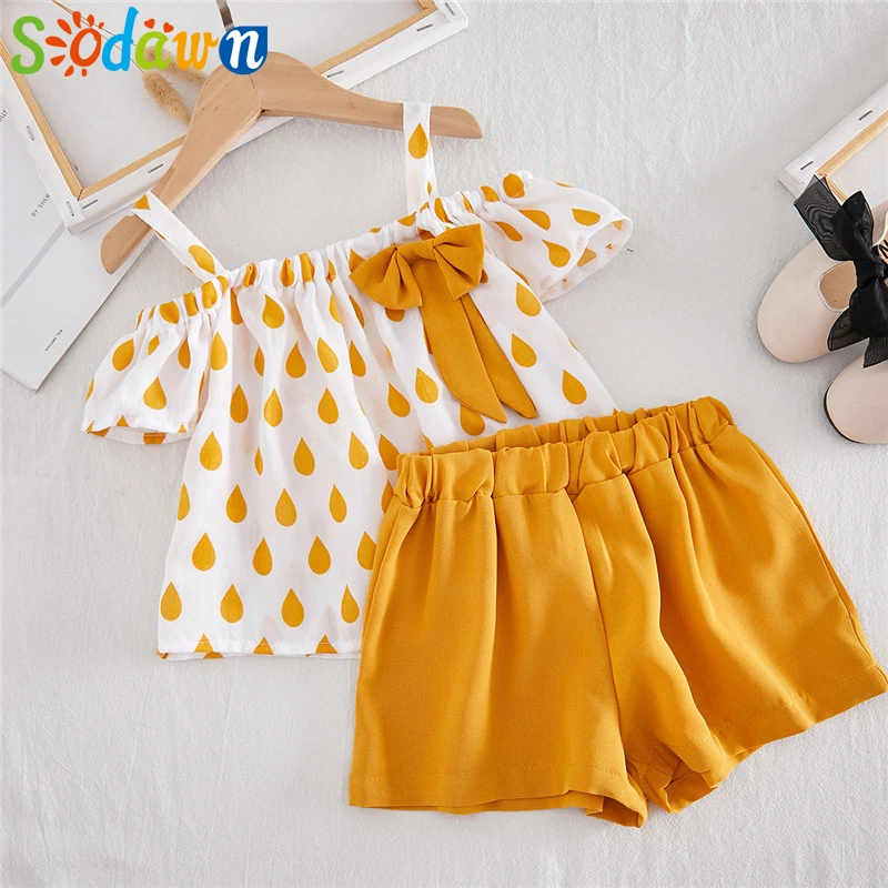 

Sodawn 2019 Summer New Girl Fashion Print Leaking Shoulder Chiffon Shirt + Shorts Girls Clothes Set Girl Toddler Clothes