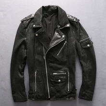 Мужская мотоциклетная кожаная куртка, повседневная куртка из натуральной кожи, приталенная мужская кожаная куртка из овчины с отложным воротником черного цвета
