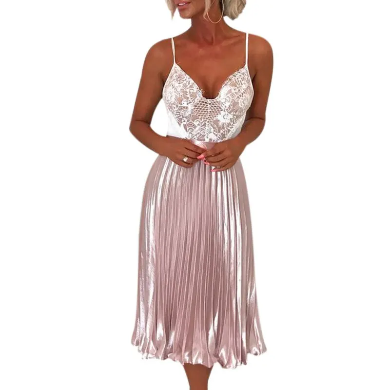 Новая летняя плиссированная юбка женская розовая Серебряная модная юбка женская повседневная сексуальная Однотонная юбка до середины икры женская одежда