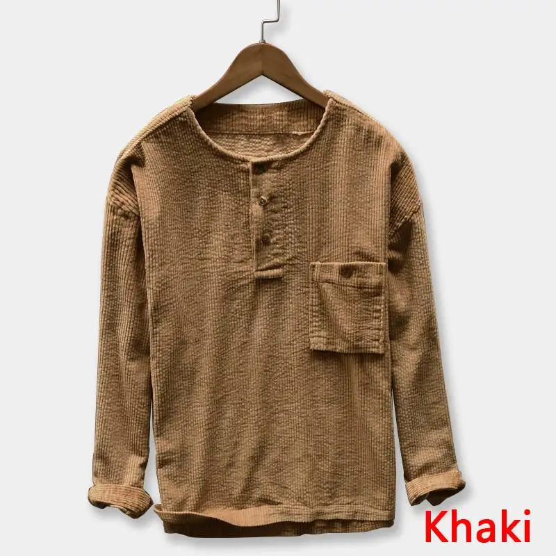 Khaki Ретро пуловеры, вельветовые рубашки, мужские плотные свободные рубашки с длинным рукавом и вырезом лодочкой, Повседневные Рубашки, Топы Camisa, винтажная одежда - Цвет: Khaki