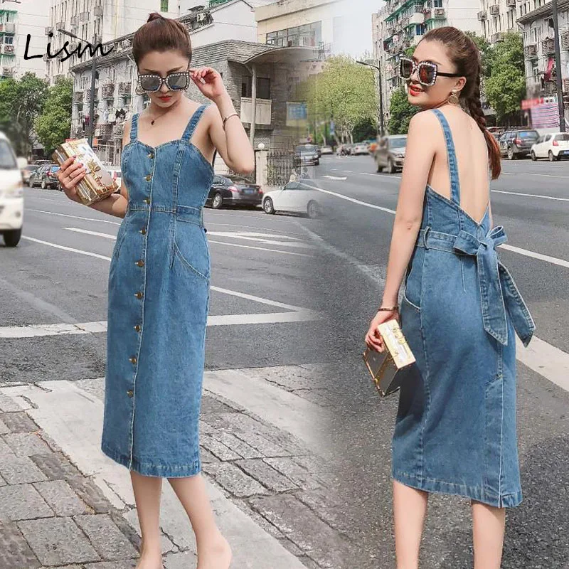 

Sleeveless 2019 Summer Women Denim Sundress Fashion Overalls Backless Dress Midi Length Sexy Bodycon Female Jeans Dress