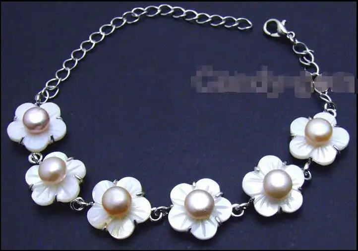 

Wholesale price 16new ^^^^^^^Big 14mm white shell fleuret & 7mm Pink pearl adjustable 6-8.5" Bracelet-b254