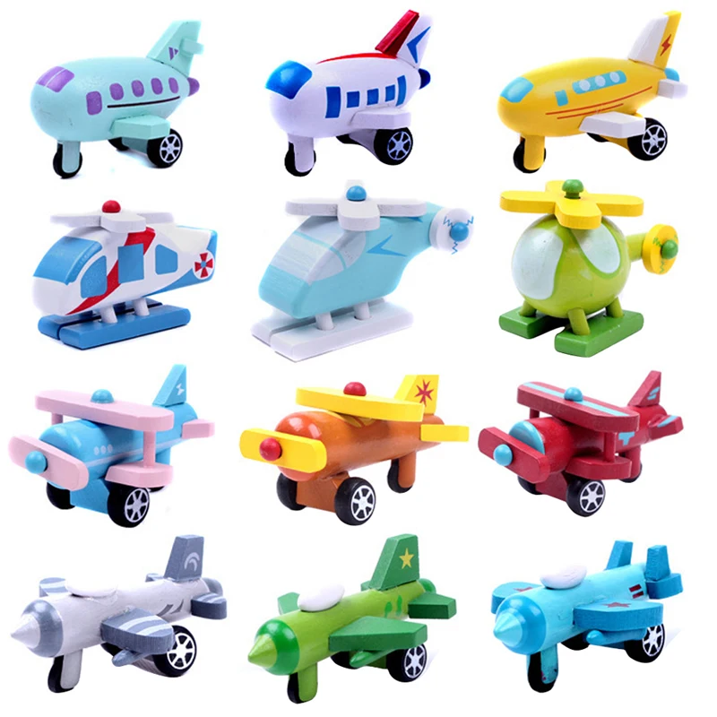 Wooden 12 Piece Mini Vehicle Toy Set Multi pattern Airplane for