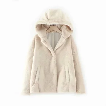 

Fashion Za White Faux Fur Hooded Jacket Women Thick Warm Coat Single Breasted Loose Casual Ladies Outerwear Veste Capuche Femme