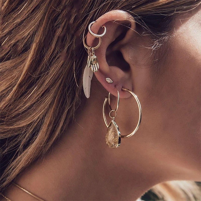 

5 Pcs/Set Women Personality Leaf Palm Eyes Gem Geometry Pendant Silver Earrings Set Exquisite Party Jewelry Accessories Gift