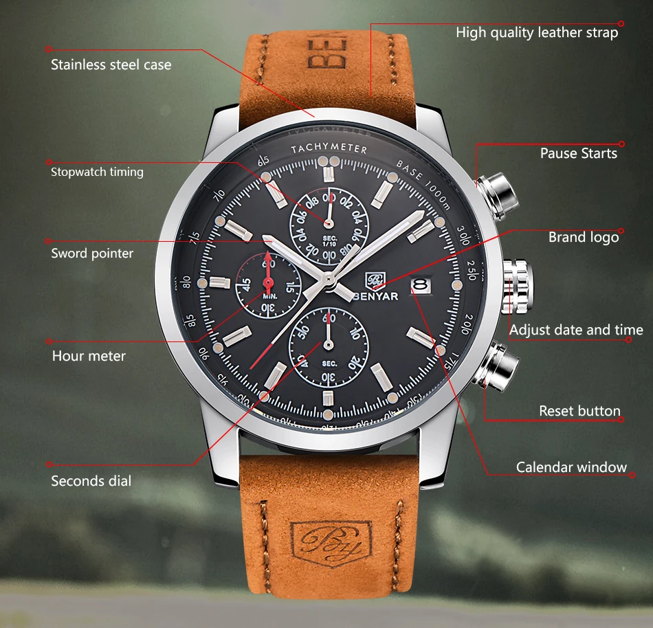  BENYAR Brand Sport Men Watch Top Brand Luxury Male Leather Waterproof Chronograph Quartz Military W