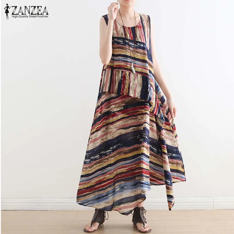 

Women's Asymmetrical Dress Striped Sundress 2019 ZANZEA Vintage Sleeveless Maxi Vestidos Female Plus Size Patchwork Robe Kaftan