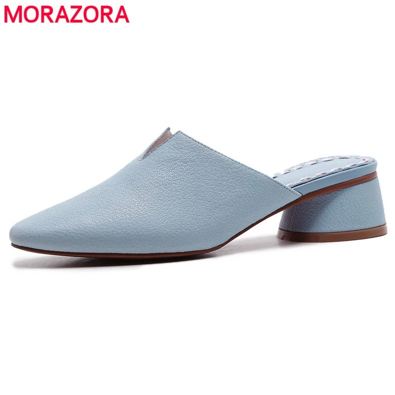 

MORAZORA 2019 New Cow Genuine leather shoes women sandals sweet square pointed toe slip on slingback ladies summer shoes mules