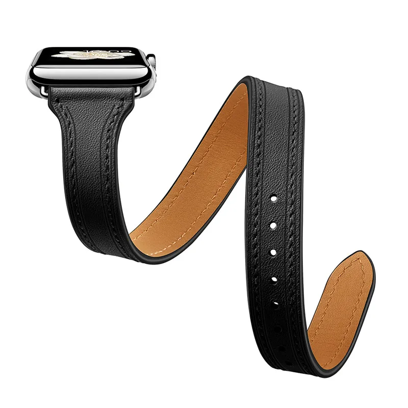 Из натуральной кожи ремешок Double Tour 44/40 мм для Apple watch группа 4/3/2/1 Спорт Цикл браслет наручные для iWatch 38/42mm аксессуары