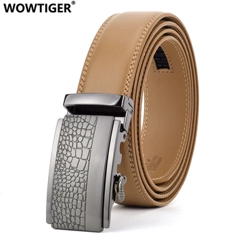 

WOWTIGER Mens Automatic Buckle cow genuine Leather luxury Belts Light Brown Male Alloy buckle Belts for Men Ceinture Homme