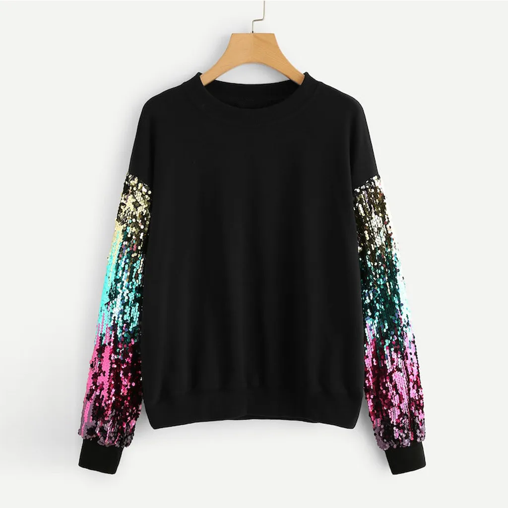 KANCOOLD top T-shirt Fashion Women girl Casual Long Sleeve Sequin T-shirt O-Neck Pullover Patchwork new top femme 2018dec25