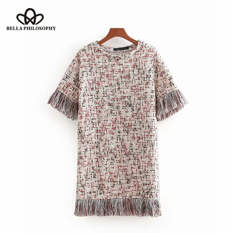 Wonder 2018 new autumn vintage o neck short sleeve jacquard mini dress fashion women tassel decoration vestidos business dresses