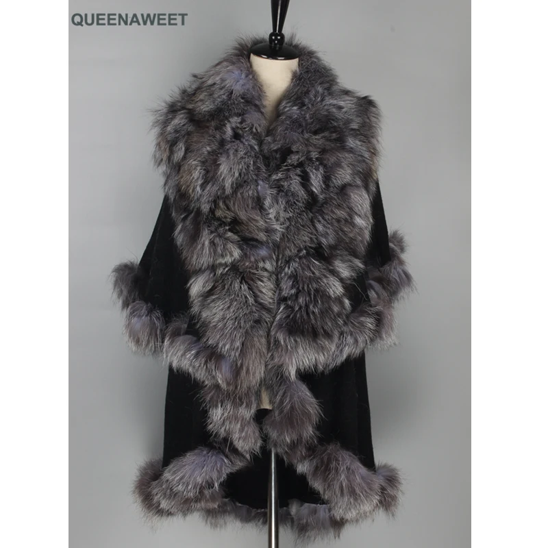 

Wholesale Real Fur Poncho Natural Silver Fox Fur Collar And Cashmere Shawl Wrap Scarves Women Cashmere Triangle Cape