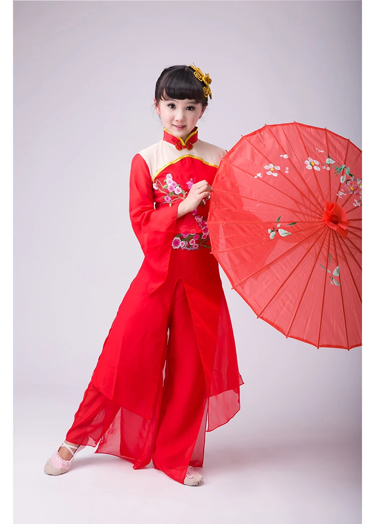 6 Цвет детей китайский танец костюм малыш Yangko танец Костюмы девушка вентилятор Одежда для танцев китайский зонтик танец сценический костюм
