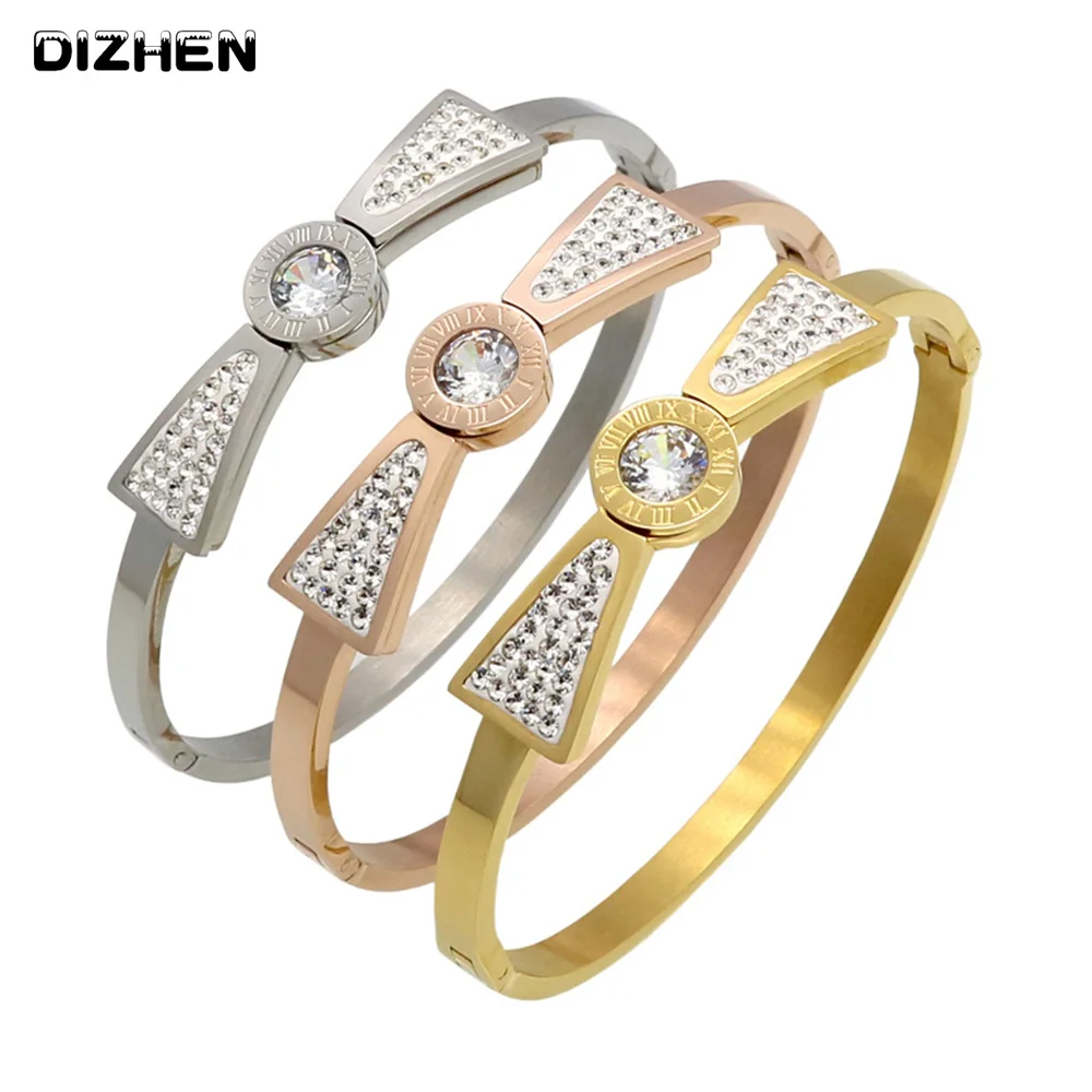 

Trendy Gold Color Crystal Bowknot Bracelets For Women Stainless Steel Ethnic Brand Jewlery Pulseira Masculina Bijouterie B17097