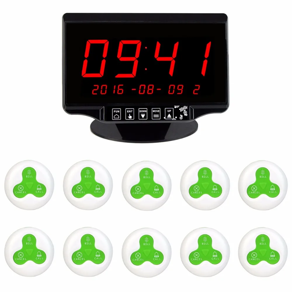 Wireless Restaurant Ordering System 433MHz Waiter Call Bell Pager System With 1 LED Voice Receiver Host Display + 10 Call Button Wireless Restaurant Ordering System 433MHz Waiter Call Bell Pager System With 1 LED Voice Receiver Host Display + 10 Call Button