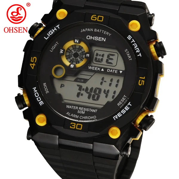 Модные цифровые часы OHSEN, мужские спортивные часы, мужские часы с будильником, секундомером, светодиодный, 50 м, водонепроницаемые, с резиновым ремешком, военные наручные часы - Цвет: Цвет: желтый