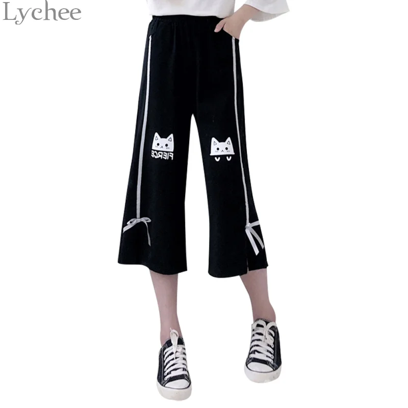 

Lychee Kawaii Bow Cat Print Summer Women Pants Casual Loose Calf Length Pants Elastic Waist Wide Leg Trousers