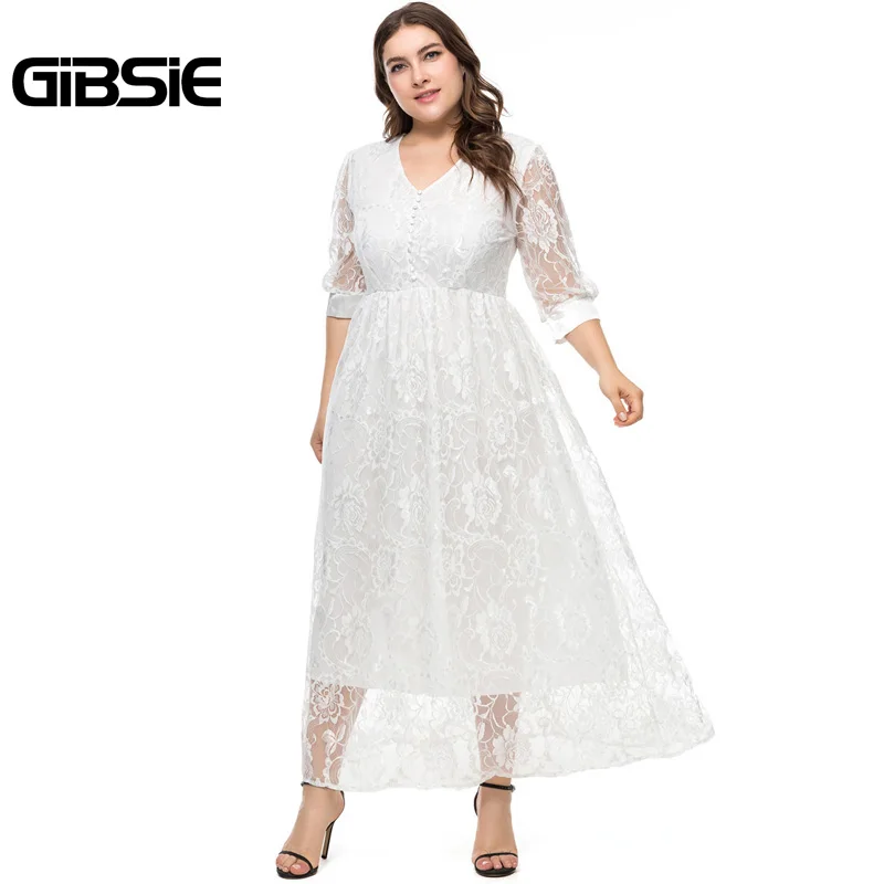 

GIBSIE Plus Size Spring Summer Women V-Neck Half Sleeve Lace Long Dress Party Elegant Black White High Waist Dress Vestidos