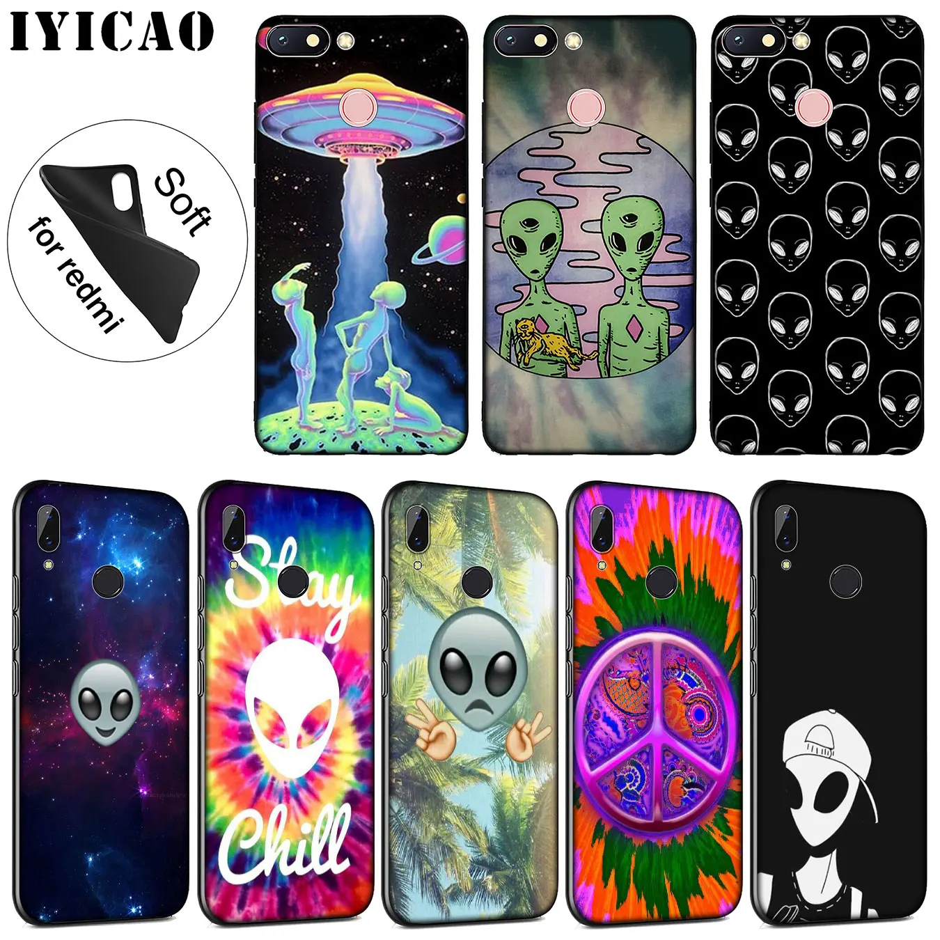 

IYICAO Alien Trippy Alien emoji UFO Soft Silicone Case for Xiaomi Redmi K20 7A 6A 5A S2 4X 4A GO Note 8 7 5 Plus 6 Pro Cover