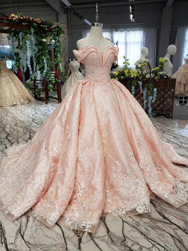 HTL154-2 pink bride dress party brush train off shoulder sweetheart crystal lace evening gown dresses kleider damen abendkleid (2)