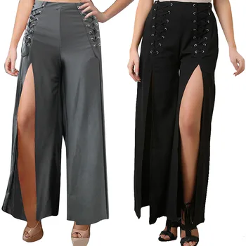 

HAOOHU New Fashion Sexy High Split Pants Women Plus Size Button Wide Leg Casual Pant Female 2018 Summer Loose Women Trousers