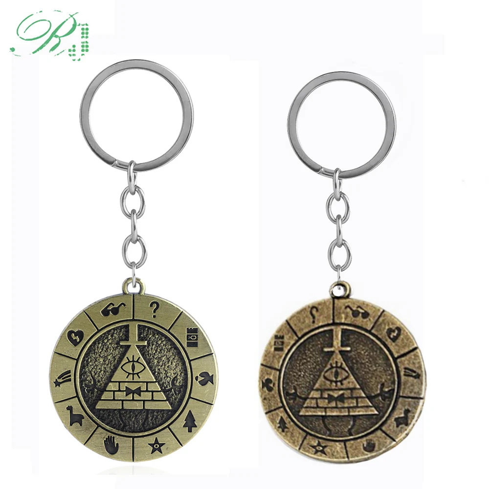 

RJ Gravity Falls Keychains Mysteries Bill Cipher Drama Wheel Party Time Boss Metal Allloy Keyring Car Holder Men Anime Jewelry