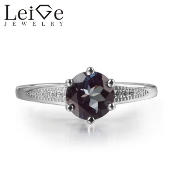 

Leige Jewelry Lab Alexandrite 925 Sterling Silver Ring June Birthday Birthstone Round Cut Gemstone Promise Rings for Women