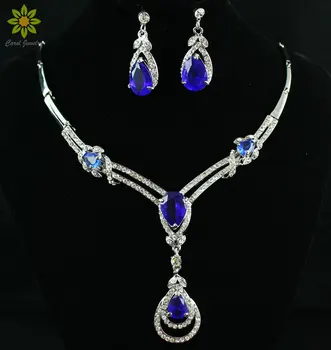 

New Trendy Silver Plated CZ Water Drop Necklace Earrings African Beads Wedding Bridal Party Jewelry Sets Costumes