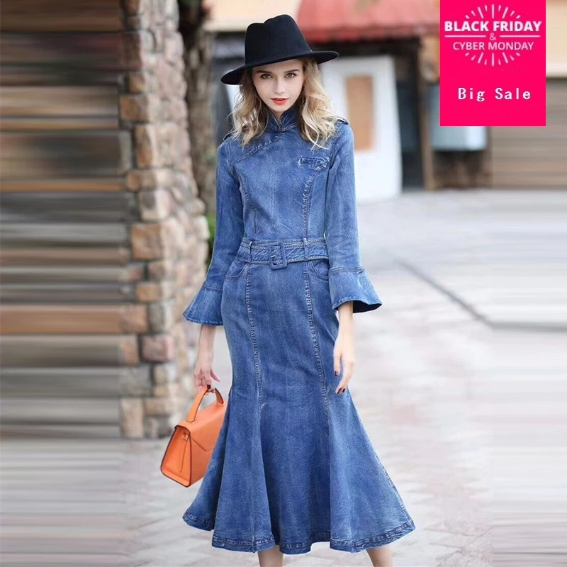 

2019 fashion brand Slim Flare Sleeve Cheongsam Ruffled Denim Dresses female good quality retro Trumpet / Mermaid dress wj2186